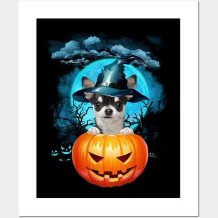 Black Chihuahua Witch Hat Pumpkin And Blue Moon Halloween Posters and Art